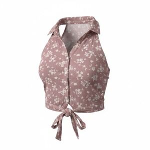 Papermoon Med Halter Crop Top Button Down Tie Front Collar Sleeveless Blouse